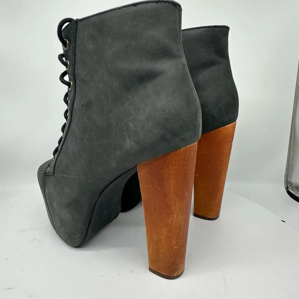 Jeffrey Campbell Lita Chunky Platform Gray Wooden Heel Leather Bootie Size 6.5
